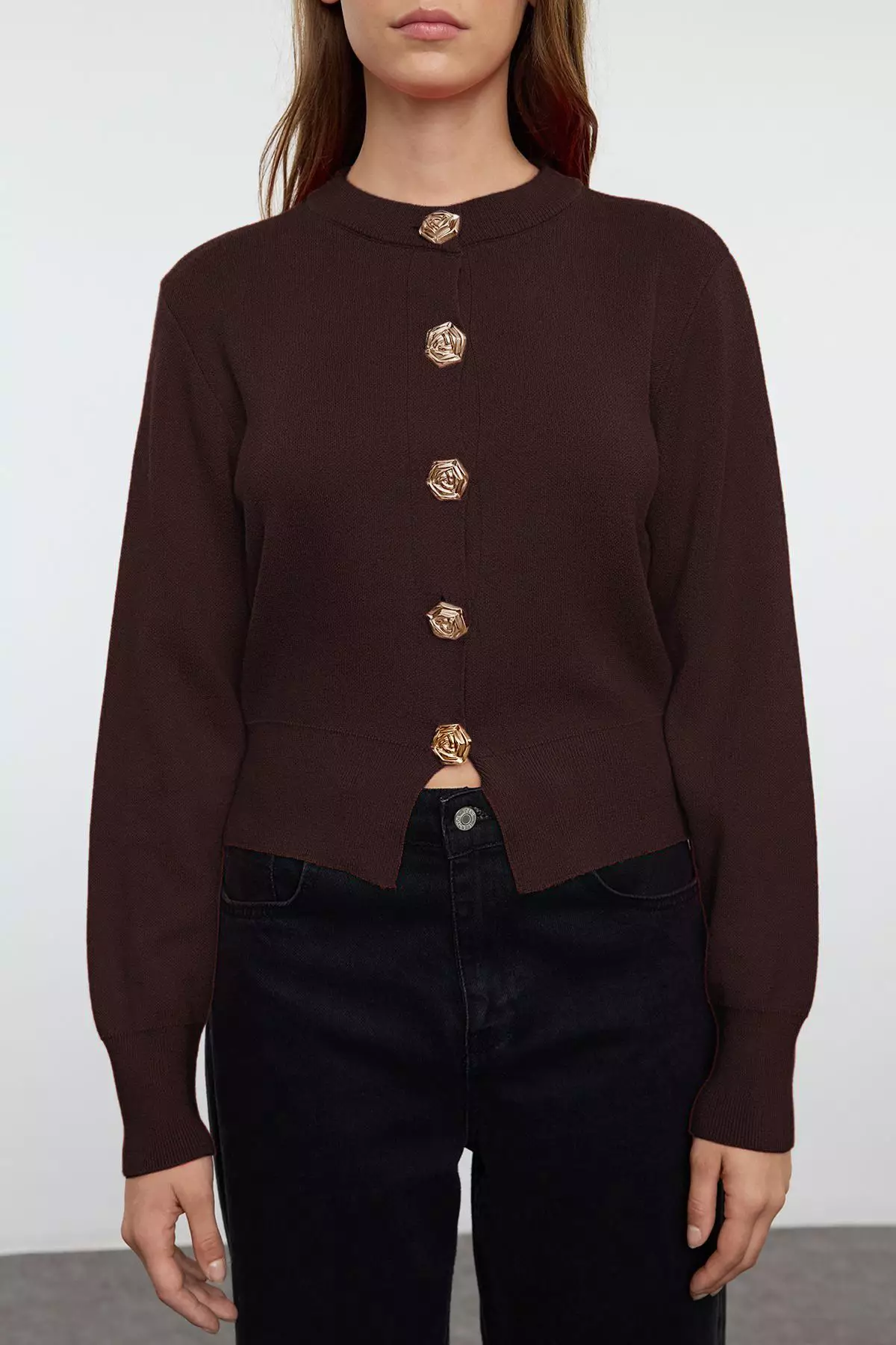 Brown Premium Yarn/Special Yarn Crop Rose Button Jacket Look Knitwear Cardigan