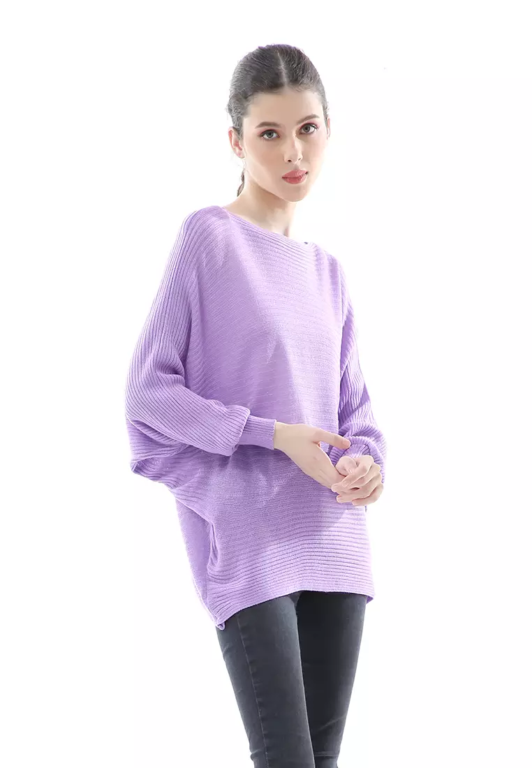 Eveline Sweater Rajut Batwing Atasan Wanita Motif Polos High Quality - Ungu Lilac