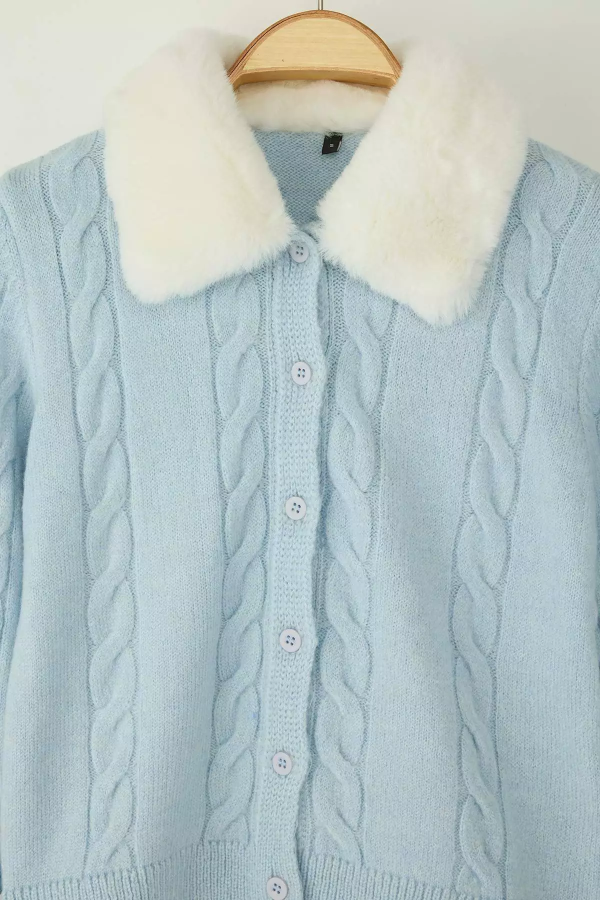 Blue Crop Fur Detailed Fitted/Body Wrap Knitwear Cardigan