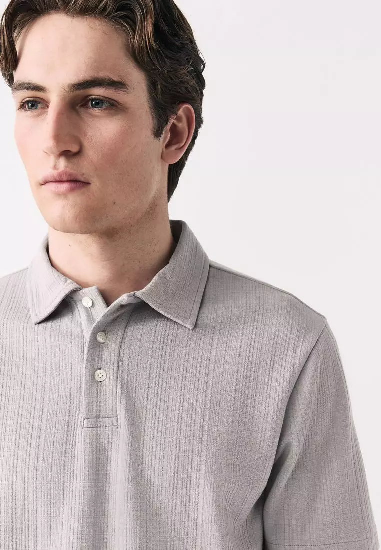 Crepe Textured Button Neck Polo Shirt