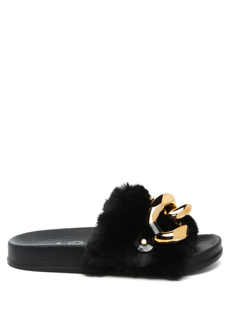 Munks Big Metal Fur Slides in Black