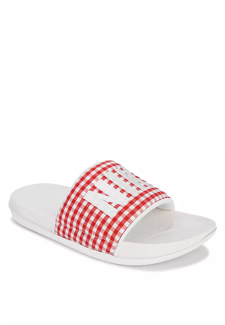 Red nike slides sale with two straps