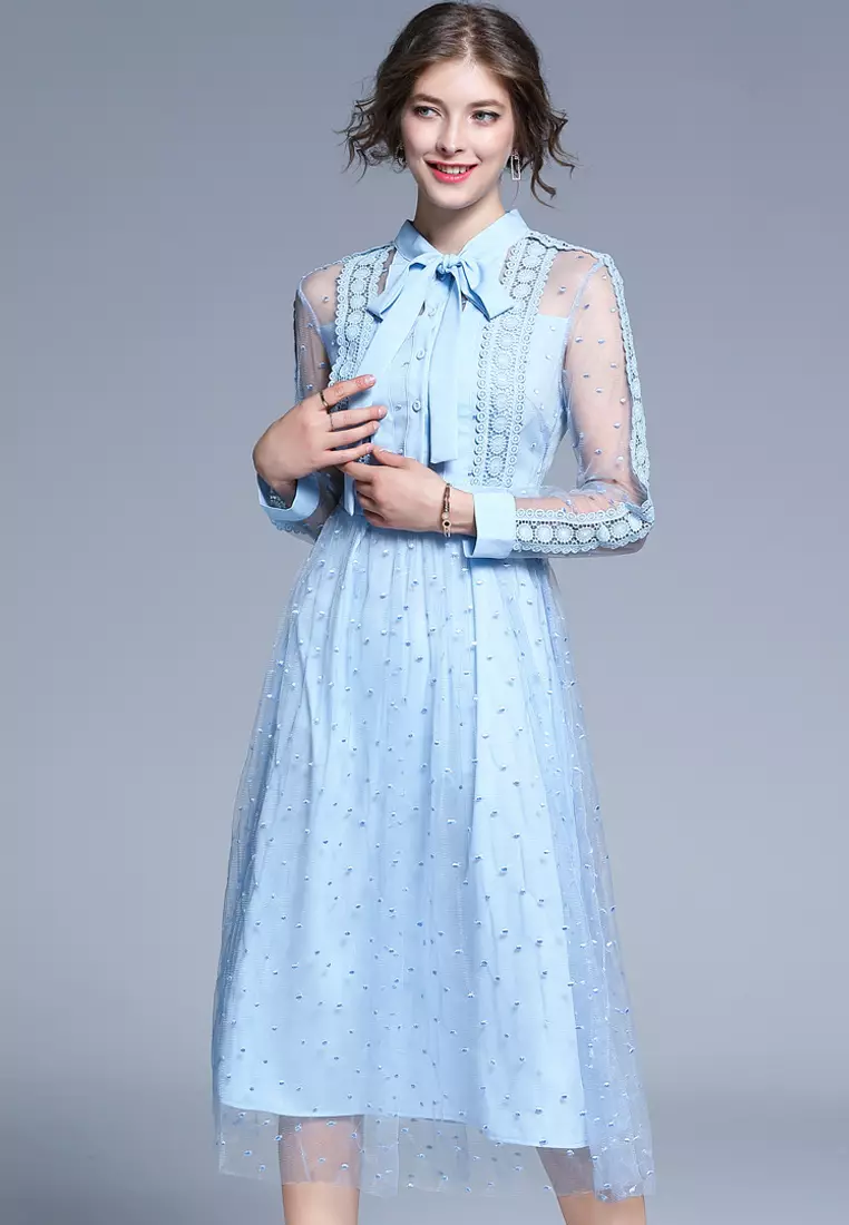 Light Blue See Through Sleeves One Piece Dress A091045