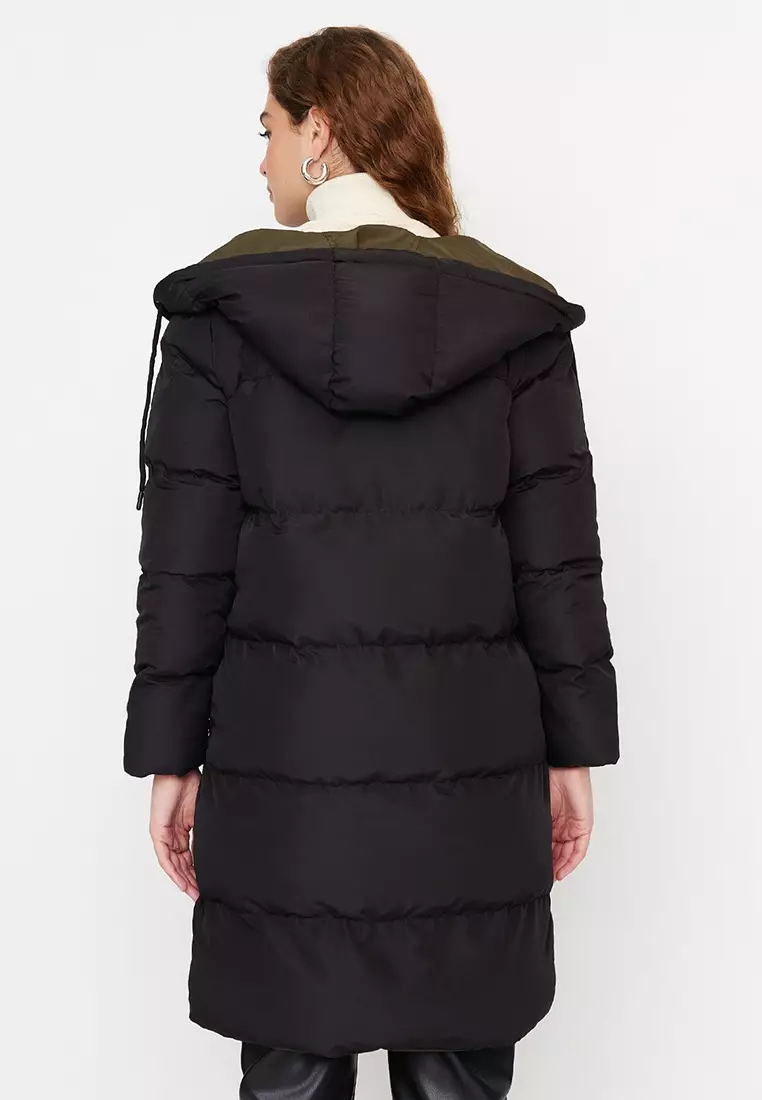 Black-Khaki Double Sided Hooded Water Repellent Long Puffer Jacket TWOAW23MO00052