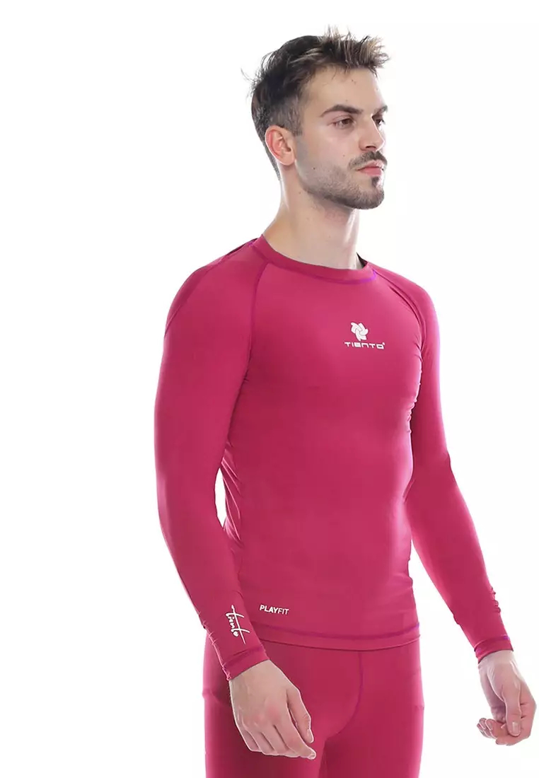 Tiento Man Baselayer Baju Ketat Manset Olahraga Pria Long Sleeve Pink Rashguard Sport Original