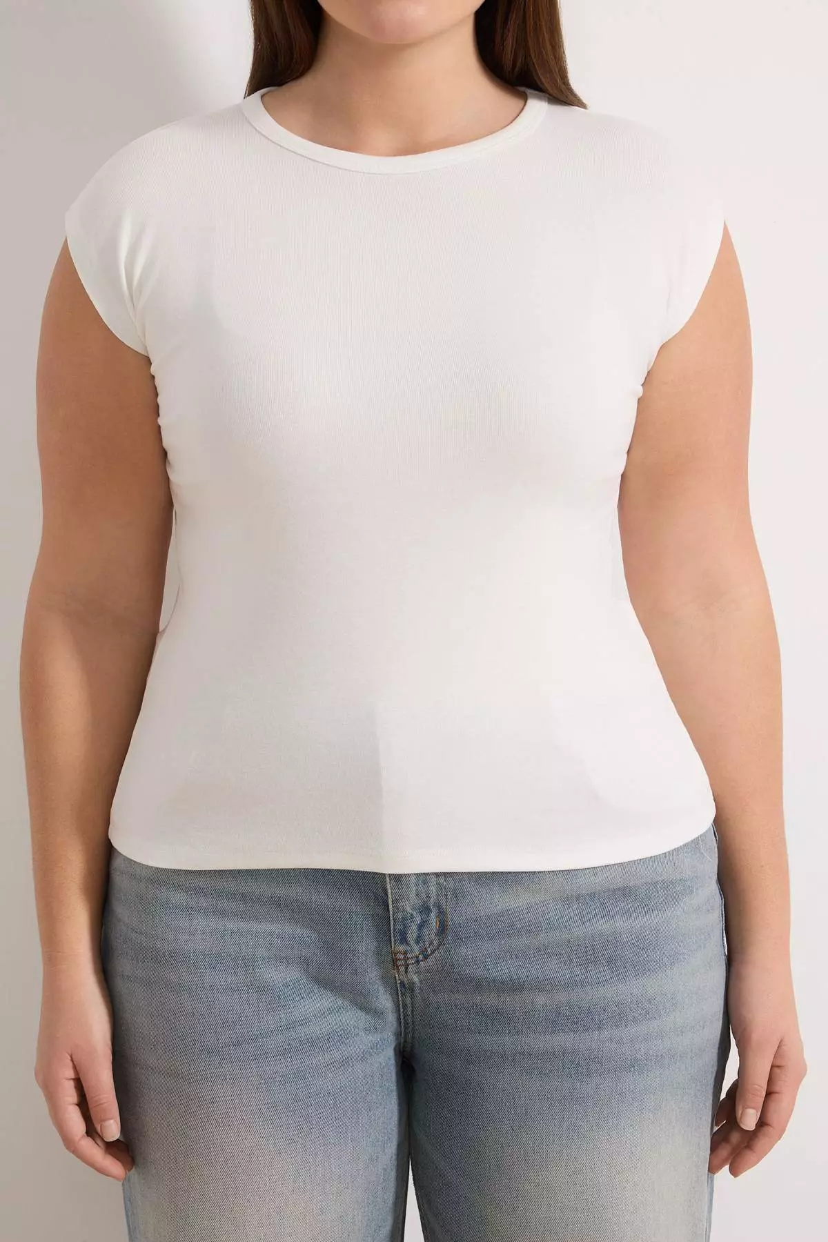 Ecru Viscose Ribbed Flexible Comfortable Basic Knitted Plus Size Blouse Tbbss26Af00053