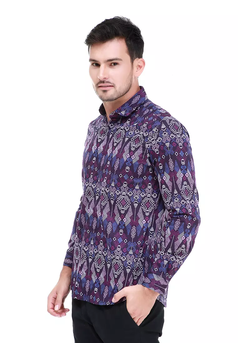 Dwan Kemeja Batik Pria Atasan Formal Longsleeve Shirt Material Cotton ORIGINAL - Purple