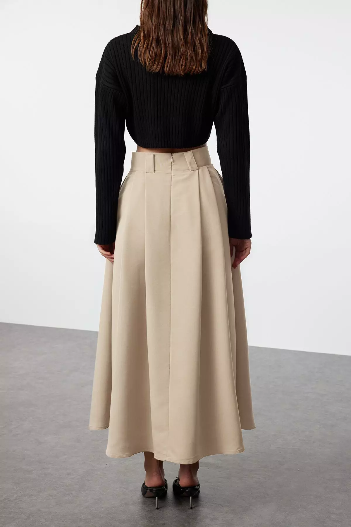 Beige Pleated Maxi Length Skirt