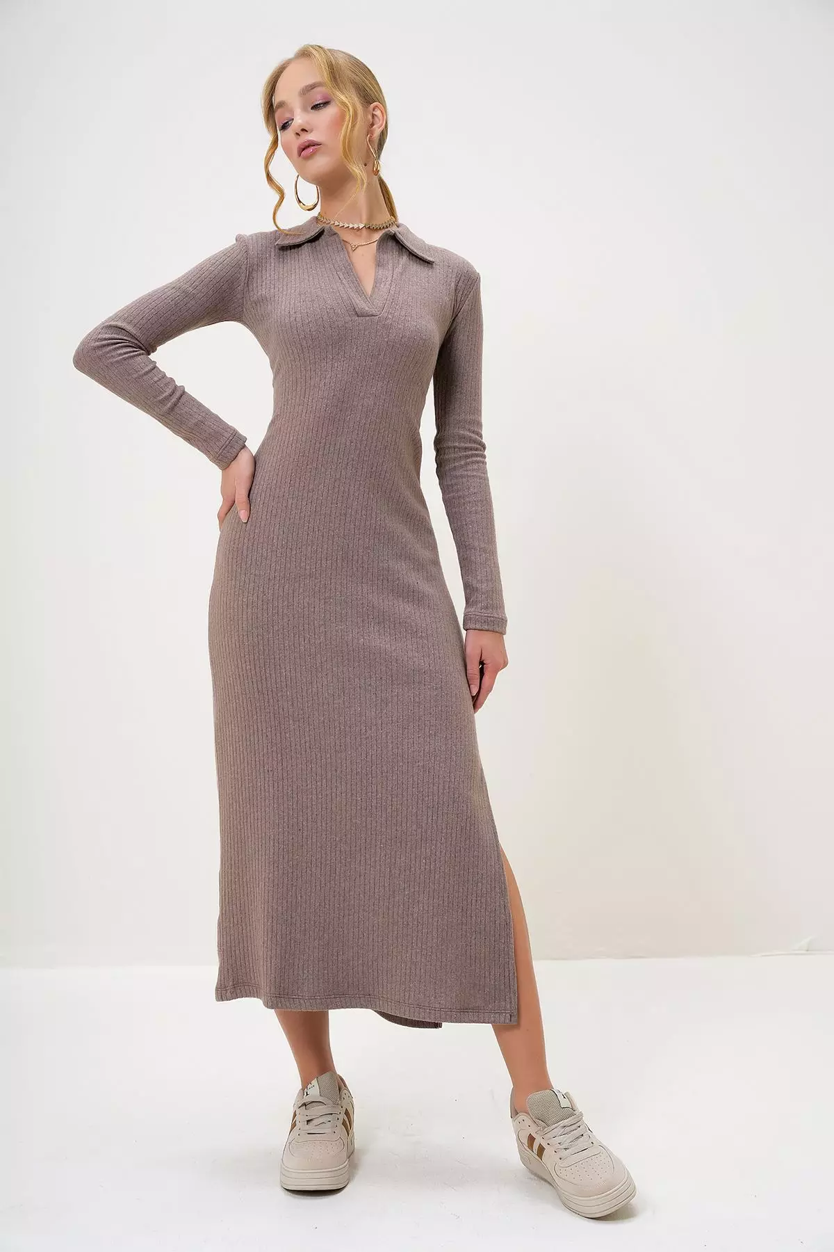 Women's Mink Polo Collar Half Placket Side Slit Interlock Fabric Dress