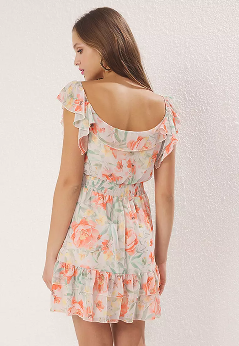 Orange Floral Skirt Opening at Waist with Ruffle Mini Lined Chiffon Woven Dress TWOSS25EL00709