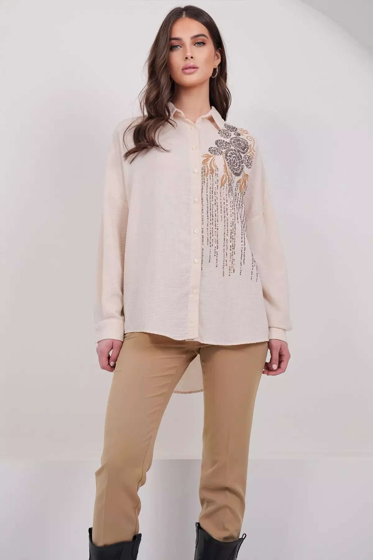 Women'S Beige Embroidery And Sequin Embellished Premium Linen Shirt Alc-X15017