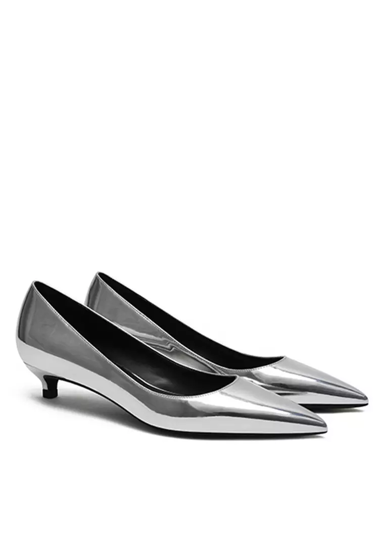 3CM Metallic Faux Leather Pointed Kitten Heels Pumps HZL130