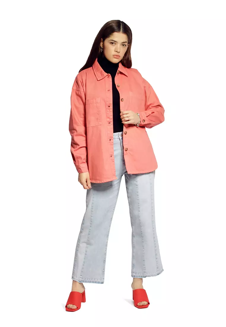 Coral Tie Up Detail Twill Shacket