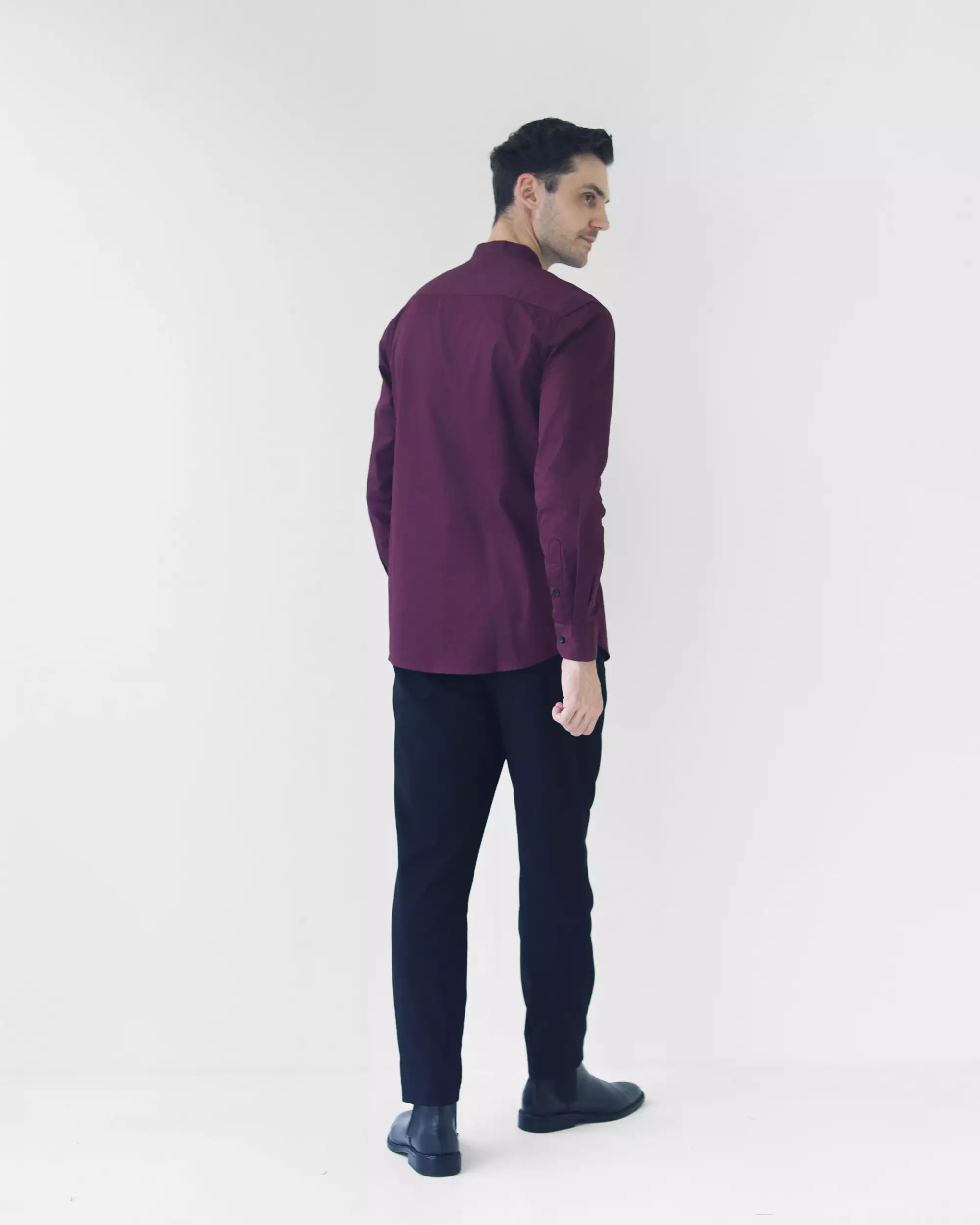 Cotton Well Badr Stand Collar Shirt Maroon | Kemeja Koko Lengan Panjang Merah Burgundy