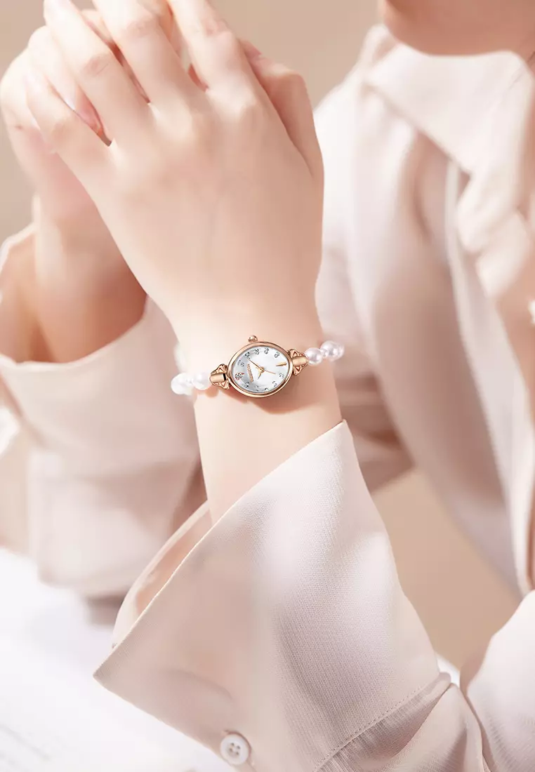 Jam Tangan Wanita Anti Air Original Analog Elegan Anak Perempuan Korean Style Kecil Mutiara Watch Women rosewhite