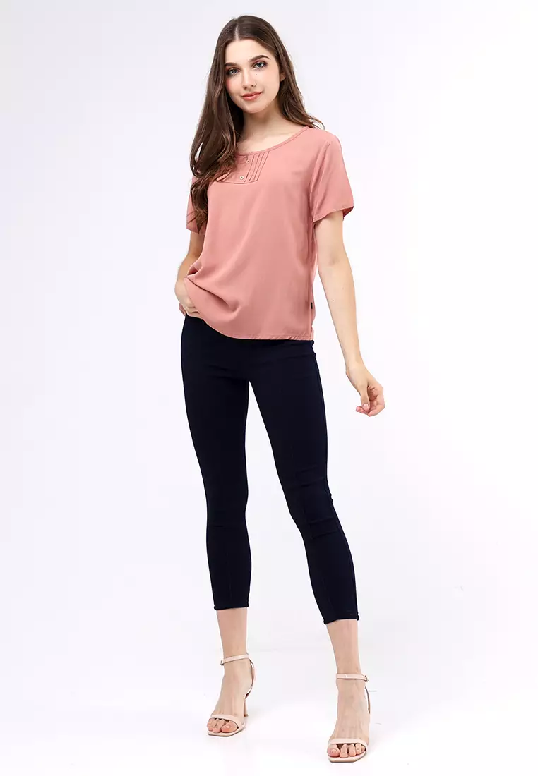 Woven Plain Soft Linen Short Sleeve Blouse