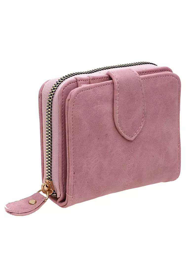 Dompet Lipat Mini Wanita Motif Polos Compartment Cute - Softpink