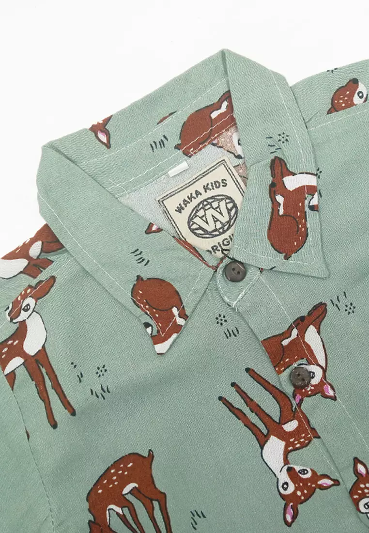 Wakakids Kemeja Anak Laki Laki Usia 1 Tahun Hingga 5 Tahun Atasan Baju Kerah Collar Shirt Motif Rusa Deer Pattern 4318 Vensk