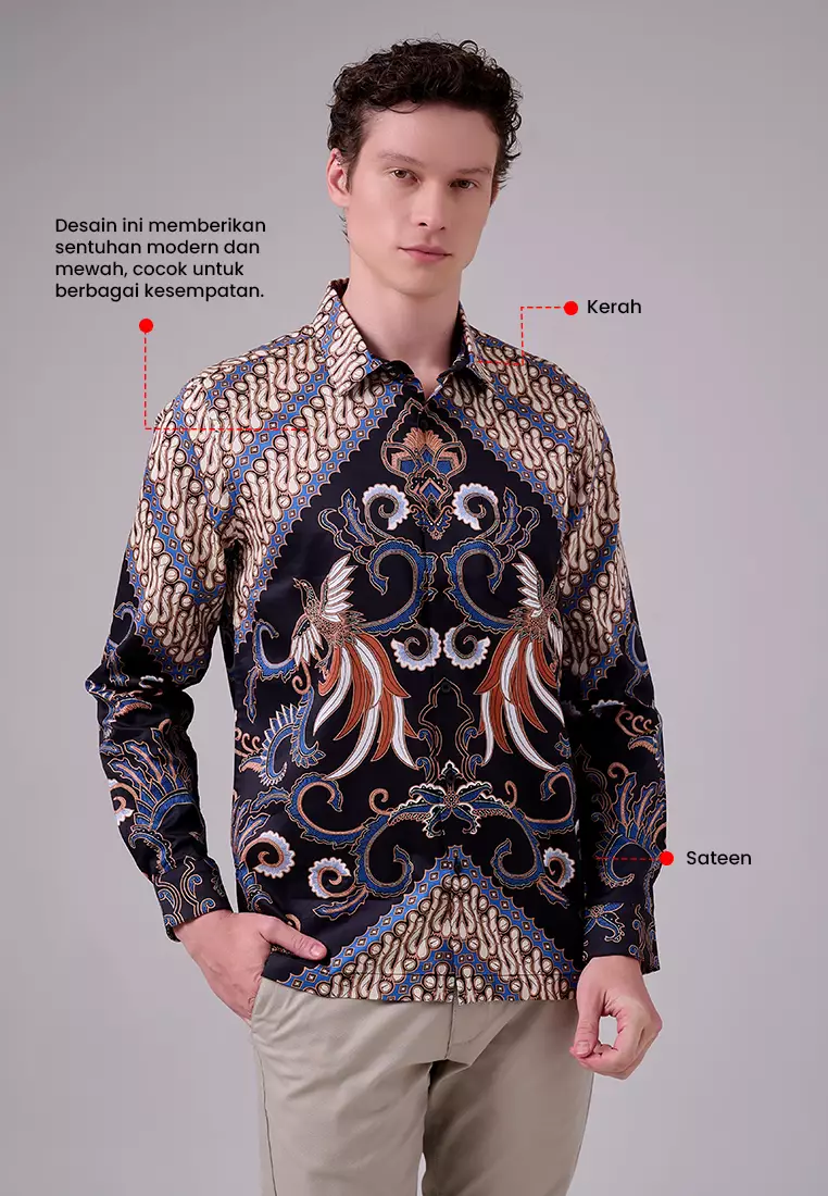 MANZONE - Kemeja Batik Lengan Panjang Pria Harisdarma Modern Fit - Black Warna Black