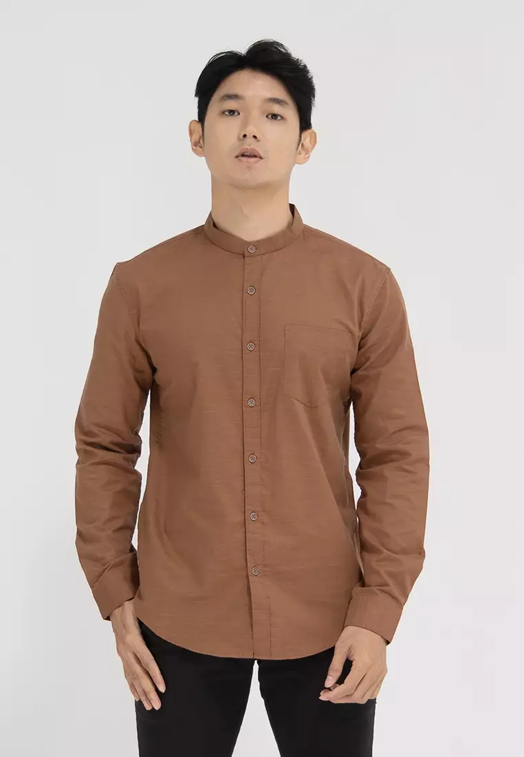 Kemeja collarless koko Slub coklat OXCON walnut brown