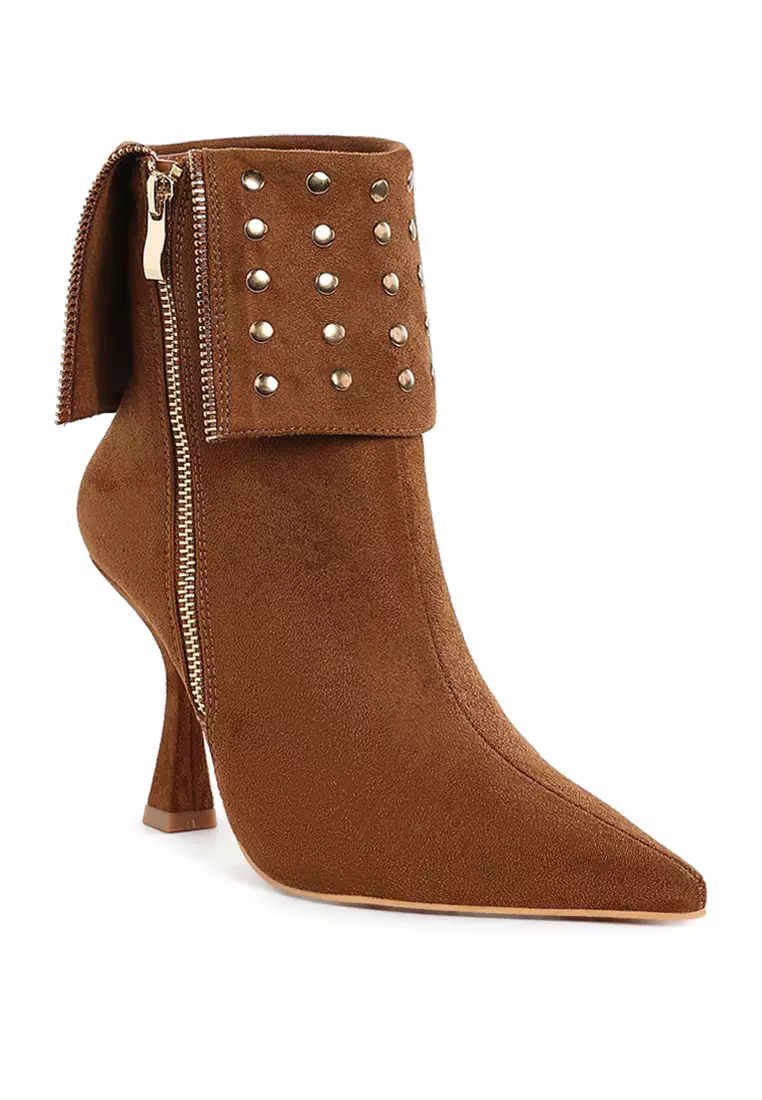 Stud Embellished Foldover Boots in Tan