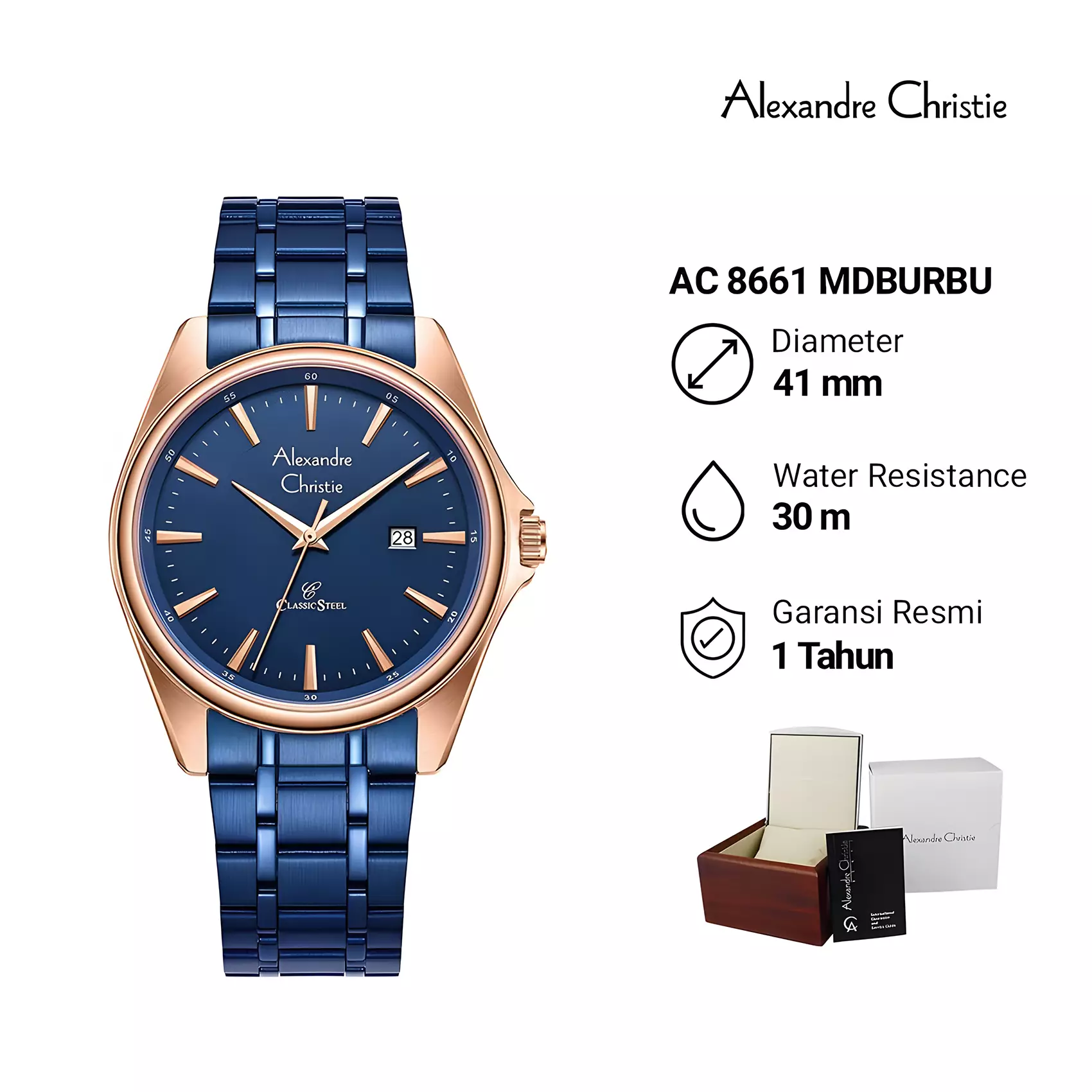 Alexandre Christie - Jam Tangan Analog Pria - Blue Rose Gold - Stainless Steel - 8661 MDBURBU