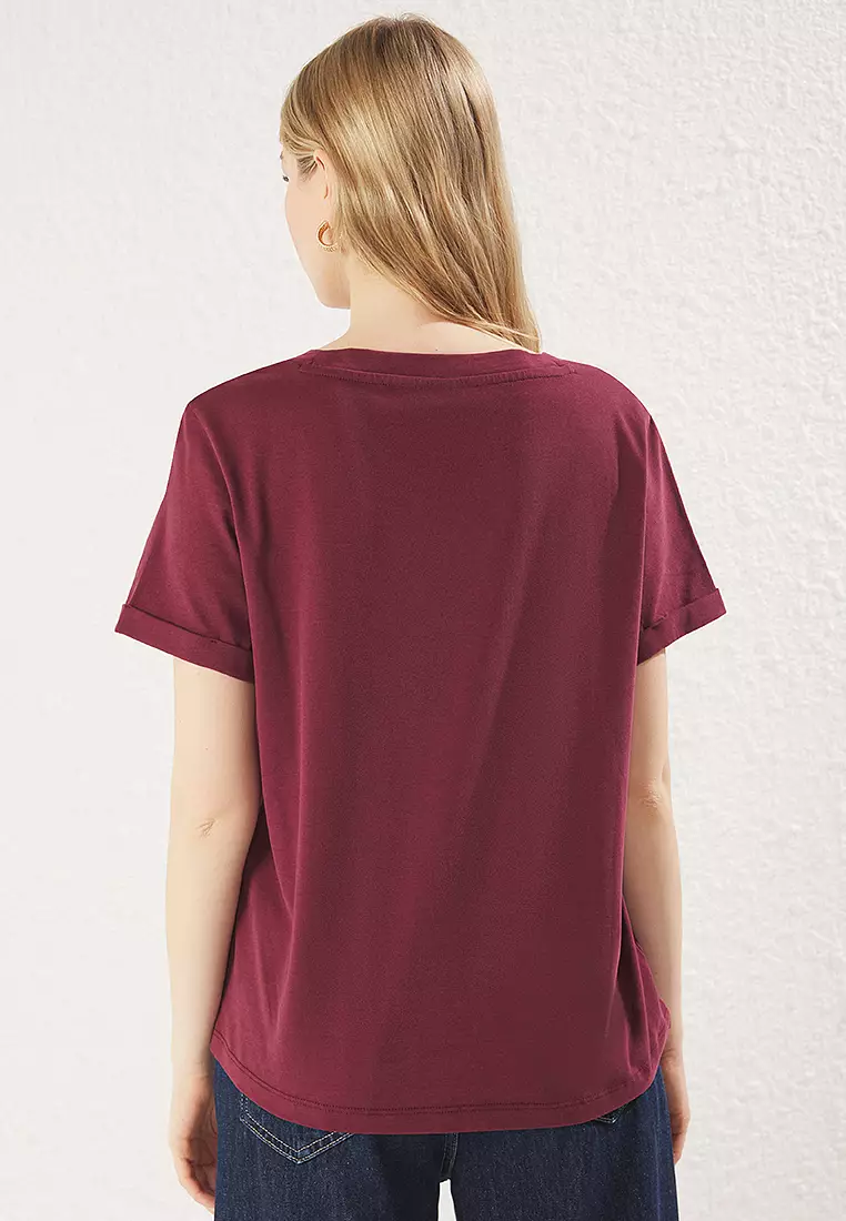 Claret Red V Neck Short Sleeve Regular/Basic Knitted T-Shirt