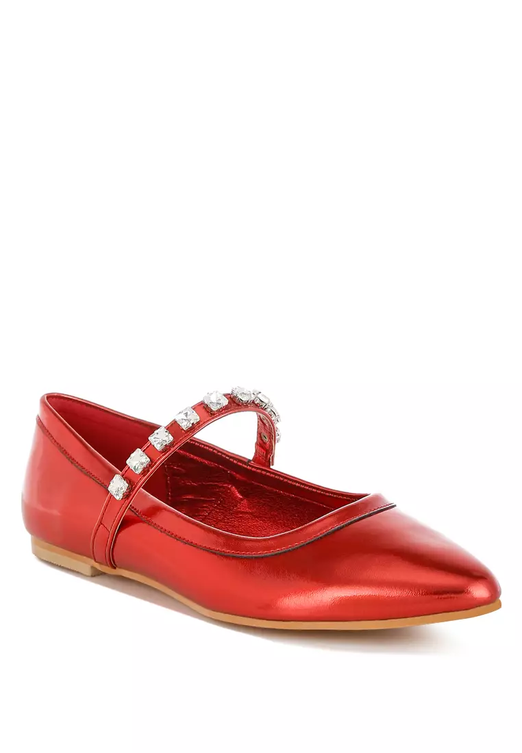 Metallic Mary Jane Ballerinas in Red