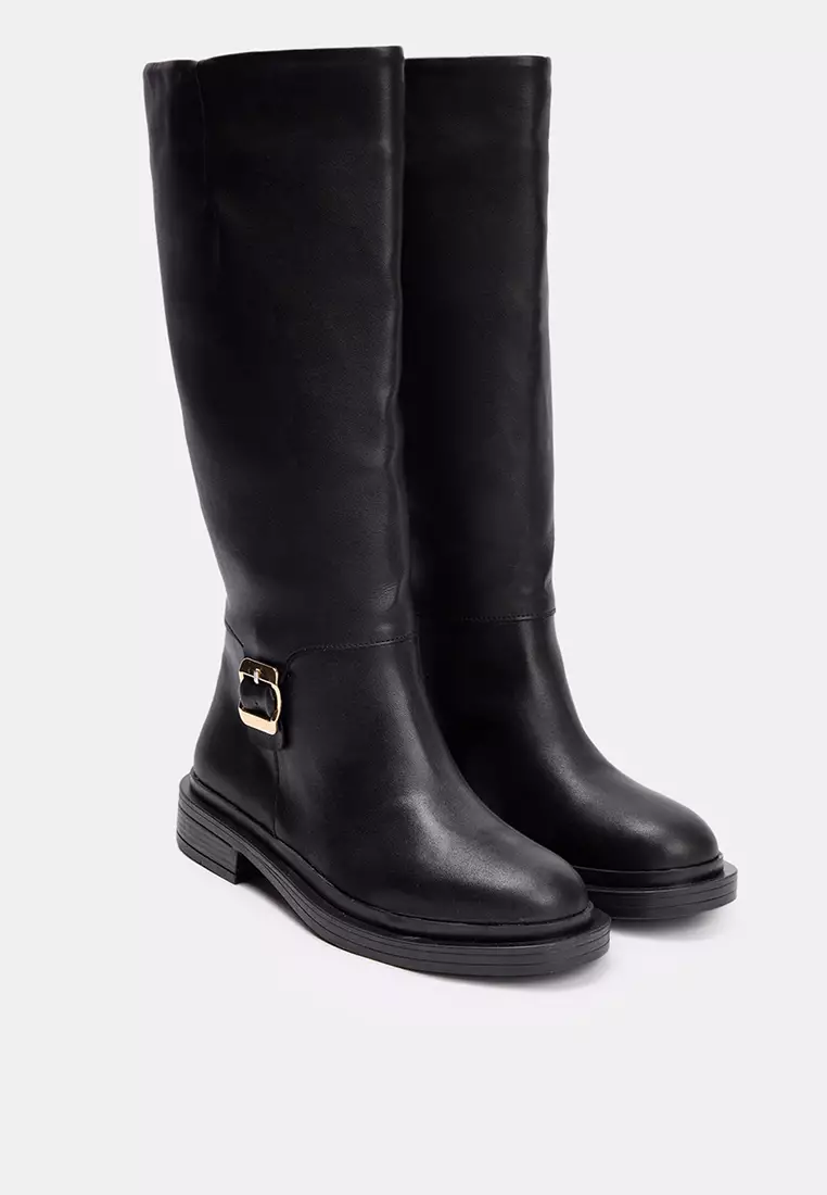 Gold Buckle Stitching Detailed Flat Heeled Boots