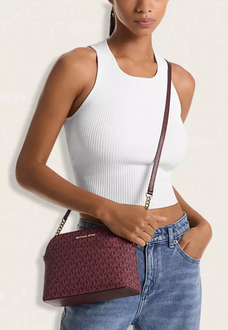 Michael Kors Jet Set Travel Medium Signature Logo Dome Crossbody Bag Oxblood