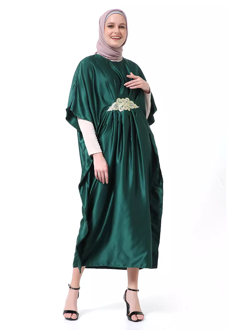 Illona Kaftan Dress Premium Fashion Muslimah Motif Polos Regular Fit - Hijau