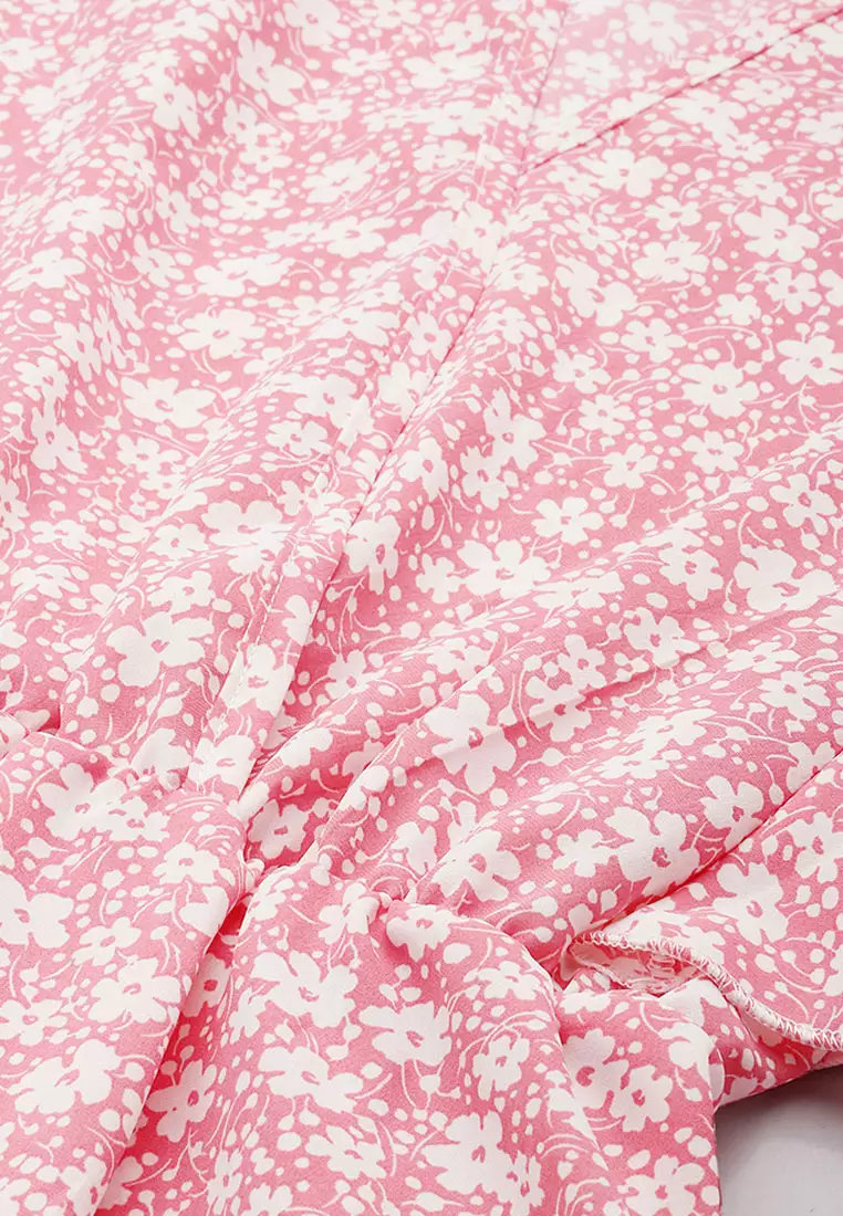 V-Neck Floral Midi Dress in Pink