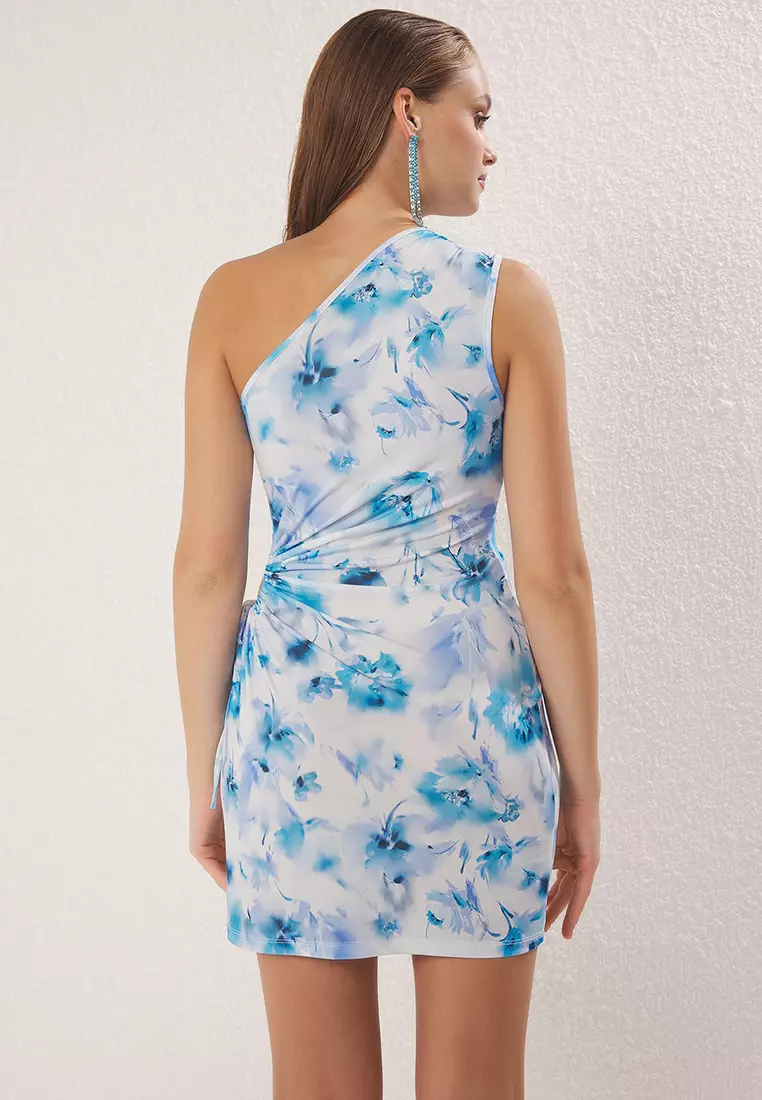 Blue-Multicolored Floral Patterned Cut Out/Window Detailed Evening Prom Dress TPRSS23EL00154