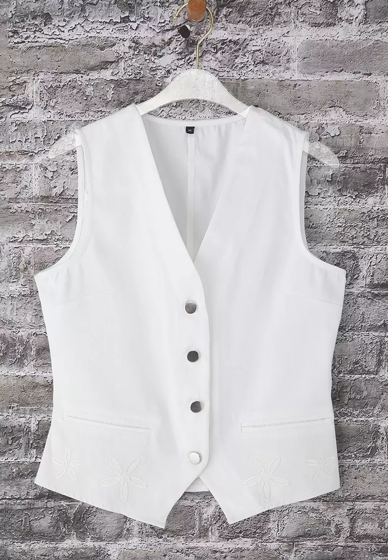 White Fitted Embroidered Cotton Woven Vest Twoss25Ye00112