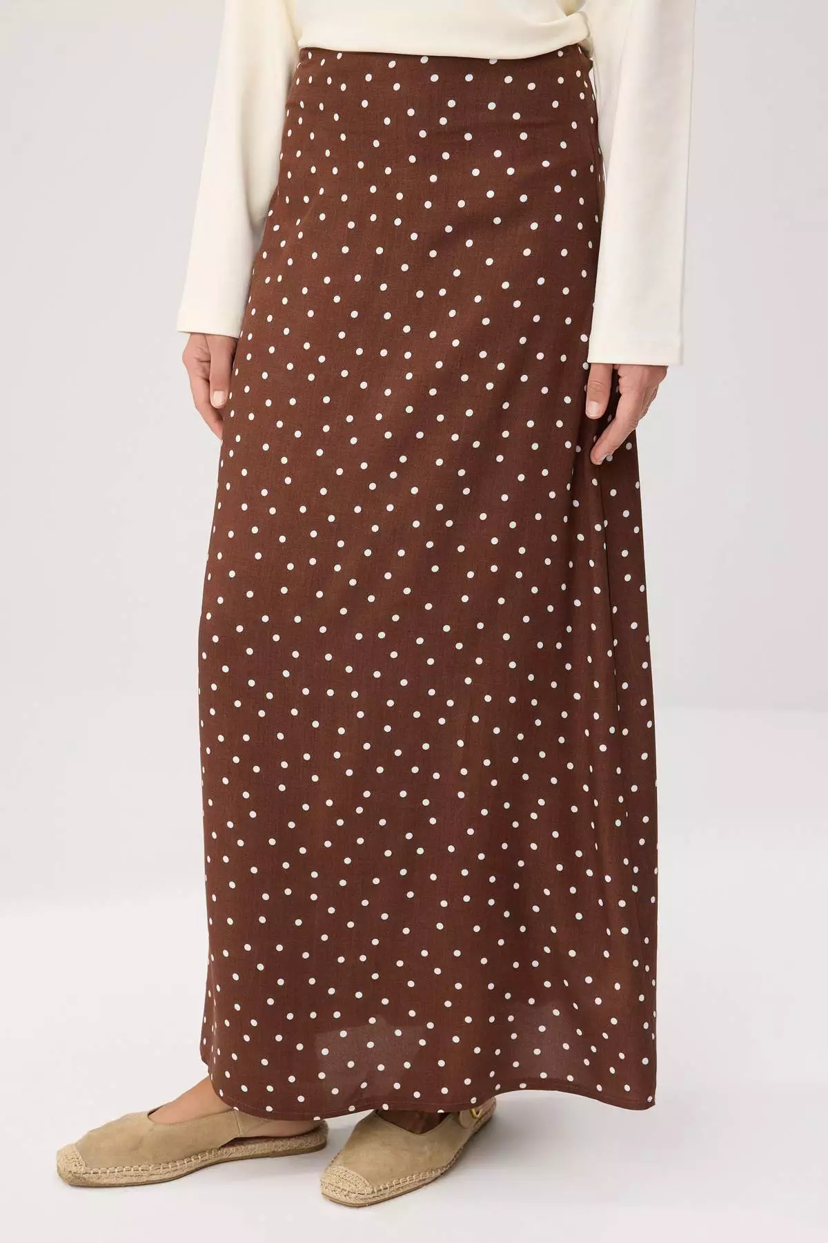 Brown-Multicolor A-Line Unlined Polka Dot Pieces Woven Top & Bottom Hijab Skirt Tctss22Ee0006