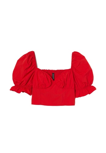 H&M red Puff-Sleeved Cropped Top 14A88AA6D5A427GS_1