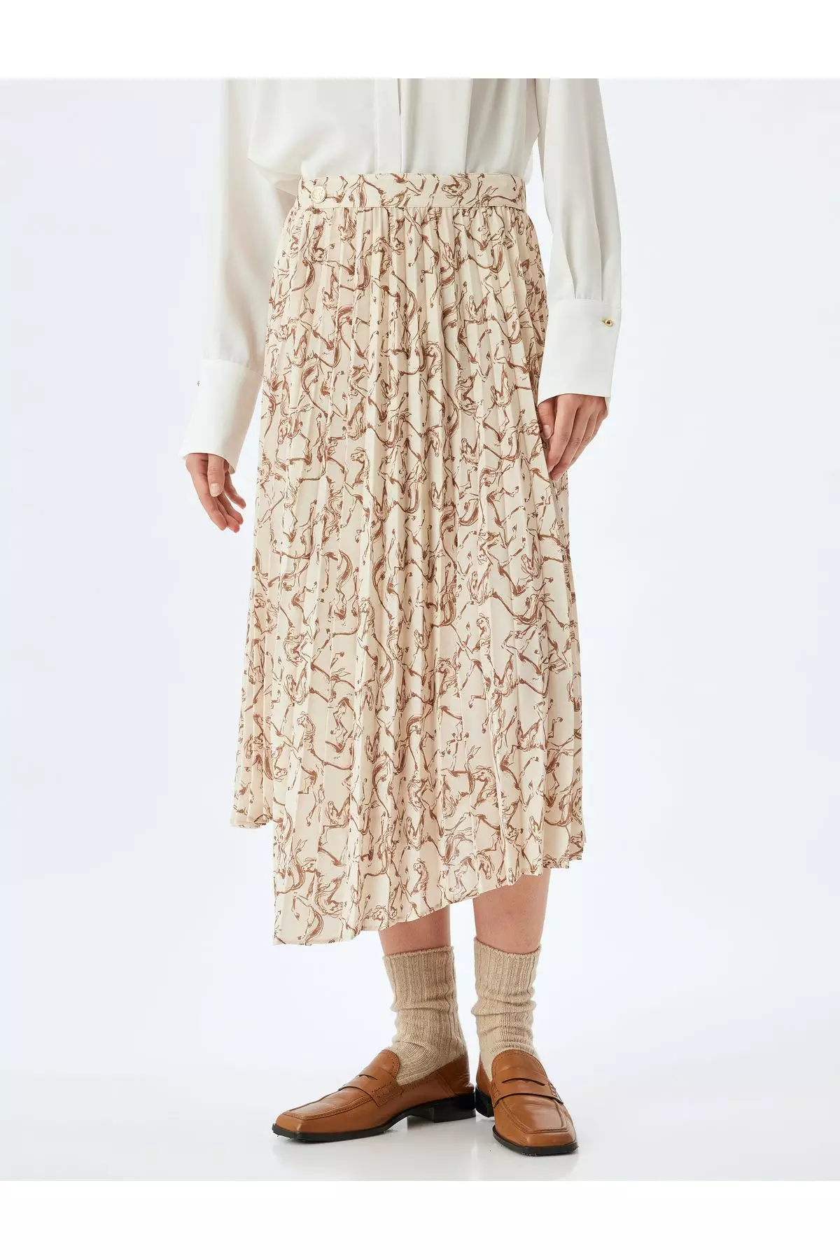 Asymmetrical Patterned Midi Length Pleated Skirt