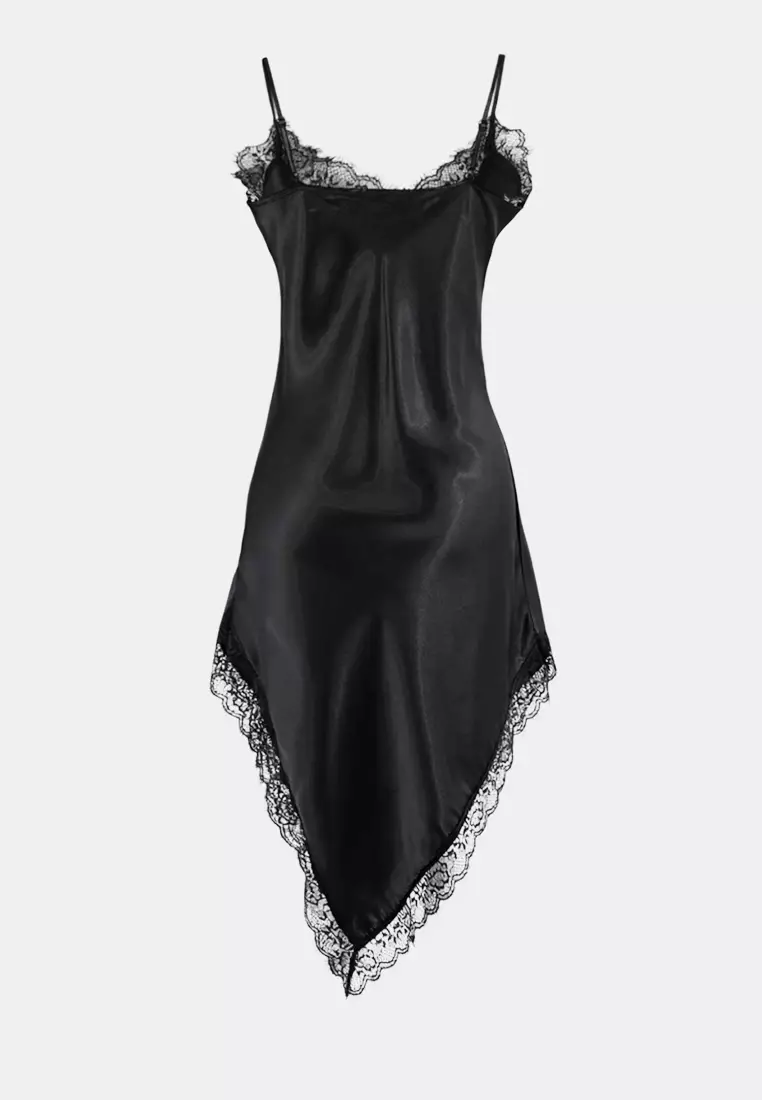 Black Asymmetrical Lace Detailed Satin Woven Nightgown Thmss26Gc8