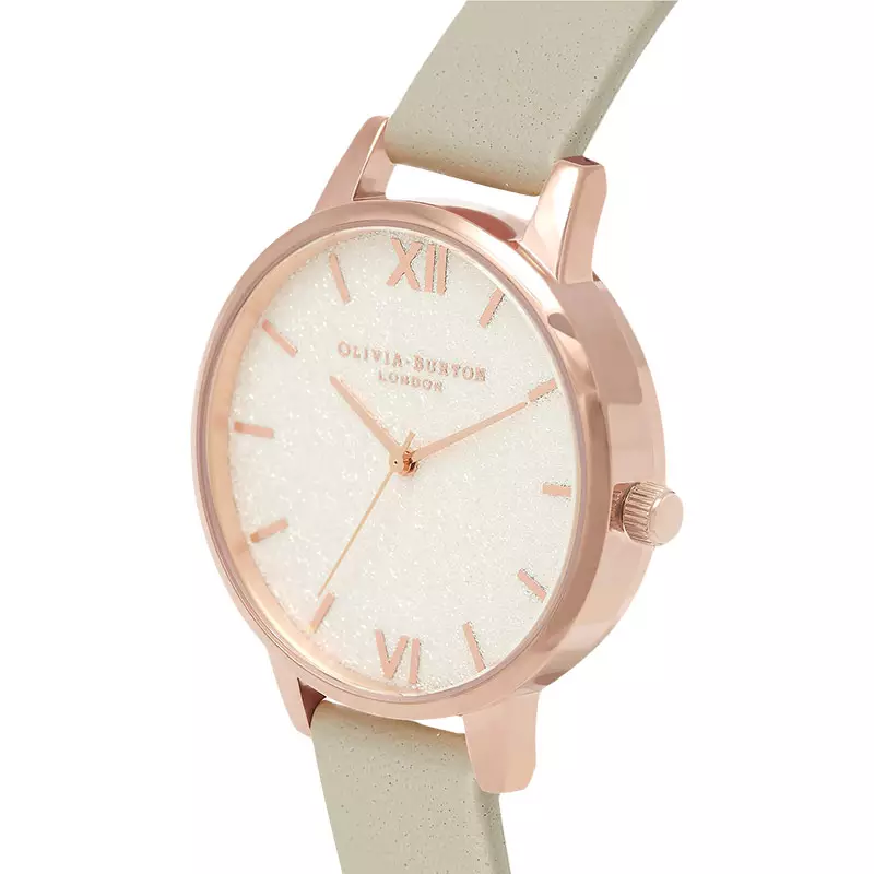 Jam Tangan Wanita Olivia Burton Classic OB16GD89 White Glitter Dial Steel Grey Leather Strap