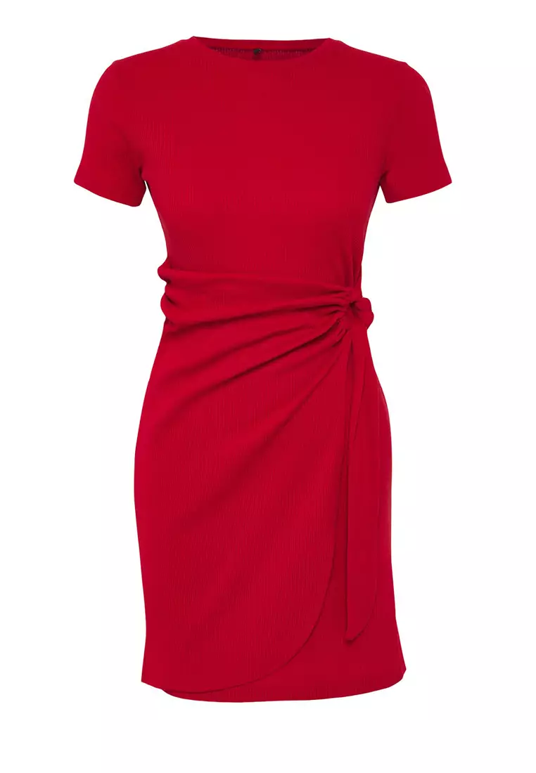 Red Tie Detail Crew Neck Knitwear Look Mini Knit Dress Twoss22El0751