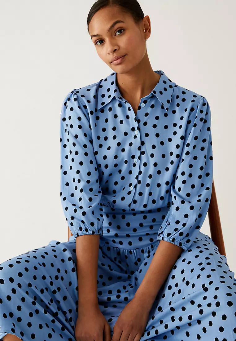 Polka Dot Blouson Sleeve Midi Shirt Dress