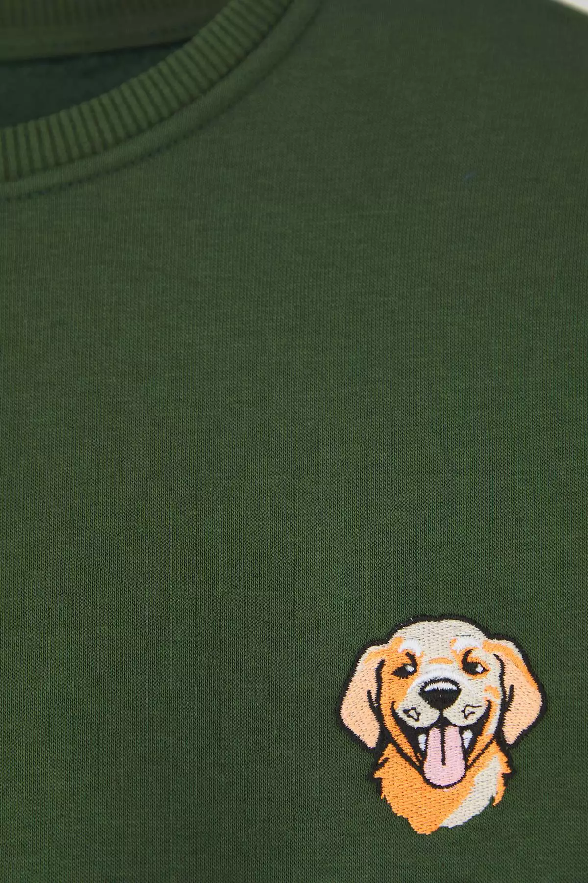 Khaki Crew Neck Oversize/Wide Cut Fleece Inside Dog Embroidery Sweatshirt Tmnaw24Sw00064