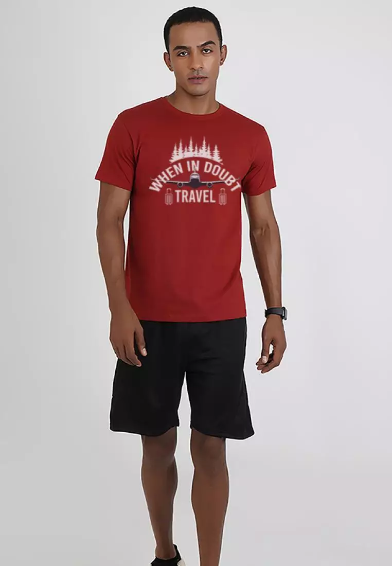When in Doubt Travel Maroon Cotton Short Sleeve Crew Neck Regular Fit T-Shirt