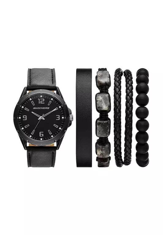 Black Stackable Watch and Bracelet Set Black Leather Strap Analog Watch SKC-SR9118