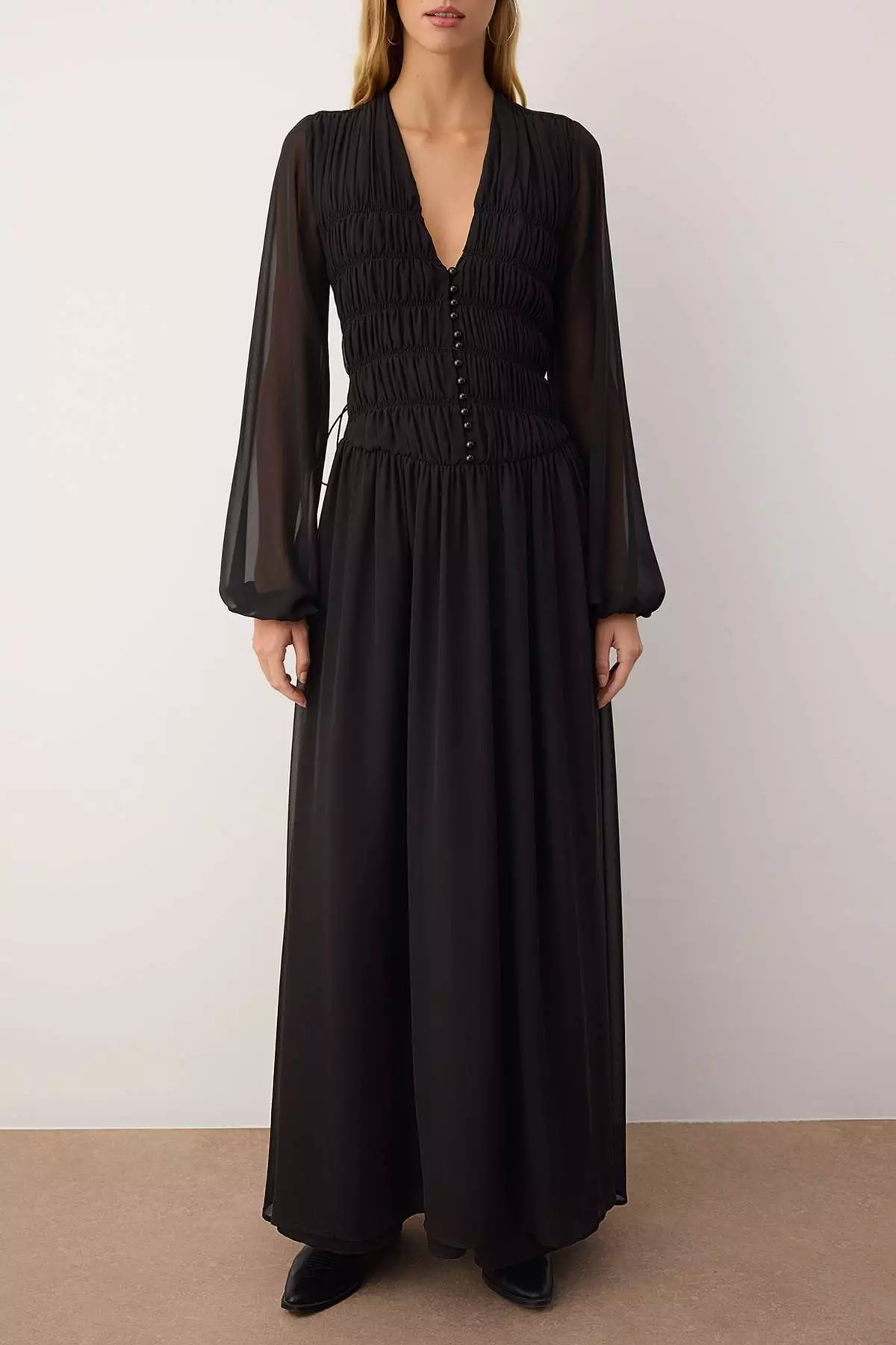 Black Gathered Detailed V-Neck Maxi Lined Chiffon Woven Dress