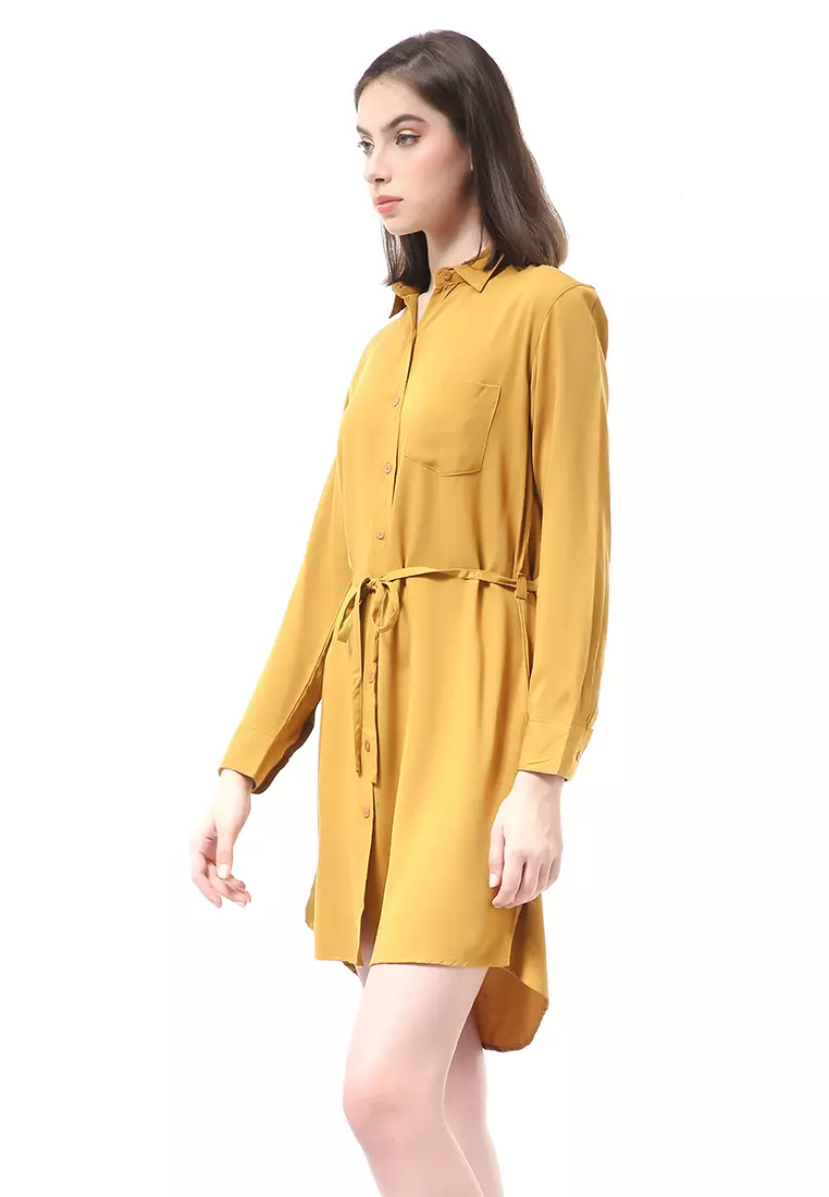 Rachel Dress Wanita Model Kemeja Full Kancing Long Sleeve Material Twill Rayon ORIGINAL - Mustard