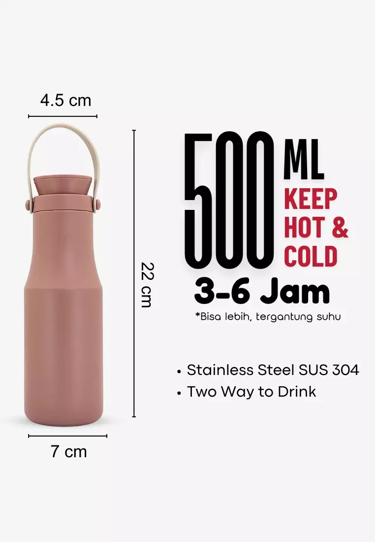 Wakakids Botol Minum Termos Stainless Steel Vacuum Cup Tumbler dengan Pegangan Silikon 500ml K2366 Venrc Pink