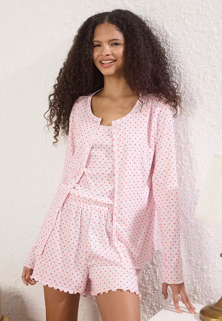 Pink 3-Piece Heart and Polka Dot Ribbed Shorts Knitted Pajama Set THMSS25PT00003