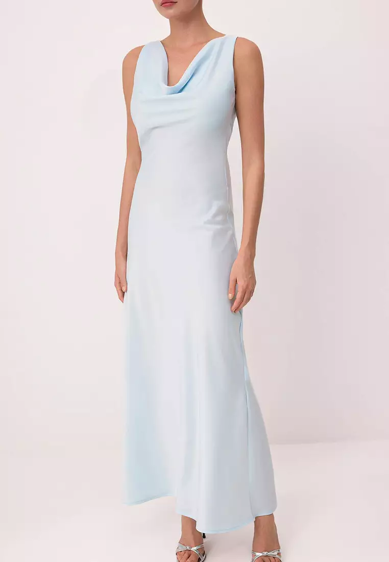 Light Blue Plain Weave Satin Maxi Unlined Stylish/Evening Dress