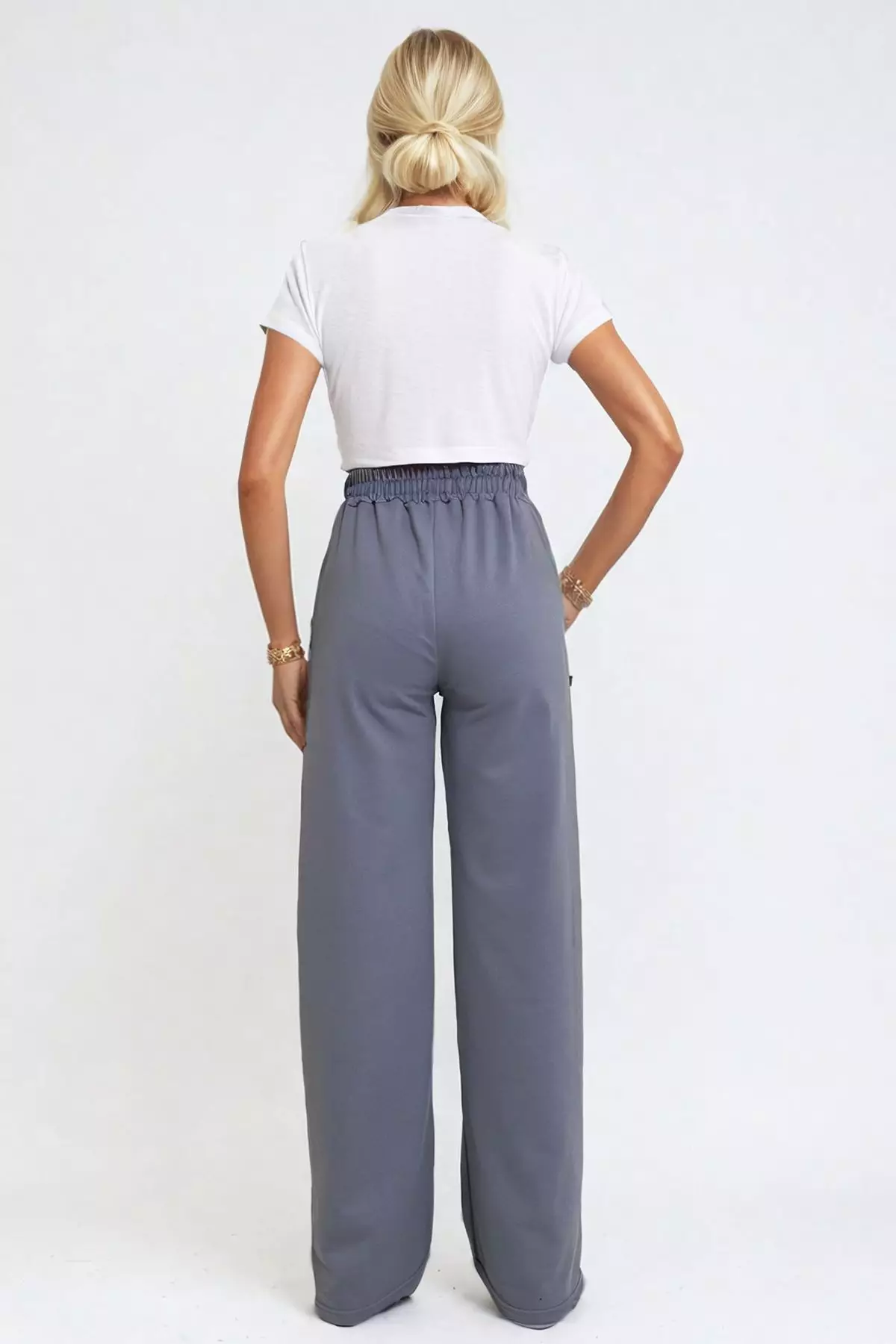 Women's Painted Gray Double Pocket Elastic Side Striped Wide Leg Trousers